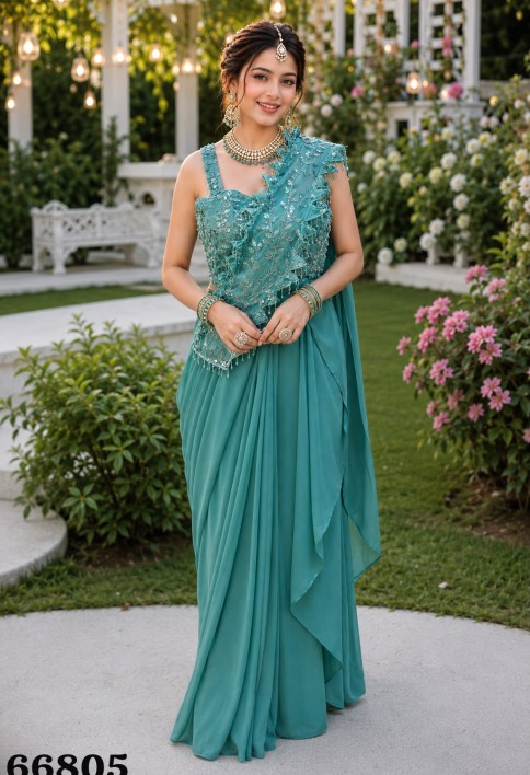 Embroidered Work Georgette Contemporary Sari In Aqua Blue for Ceremonial